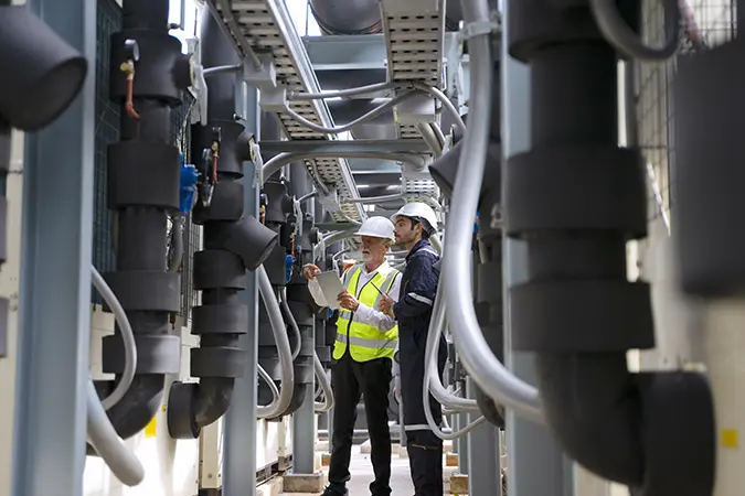 photo d'un technicien en industrie- sur lieux de production avec un auditeur QSE