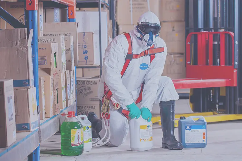 une personnes manipulant des bidons de produits chimiques en sécurité : combinaison, masques, gants, bottes